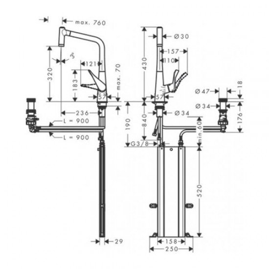 Кухонные смеситель Hansgrohe Metris Select M71 на 2 отверстия, однорычажный, 320, Eco, с вытяжным душем, 2jet, sBox 73827000