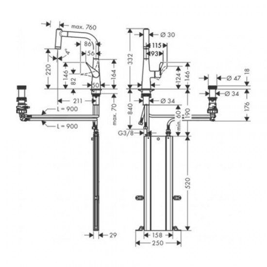 Кухонные смеситель Hansgrohe Metris Select M71 на 2 отверстия, однорычажный, 220, с вытяжным душем, 2jet, sBox 73805000
