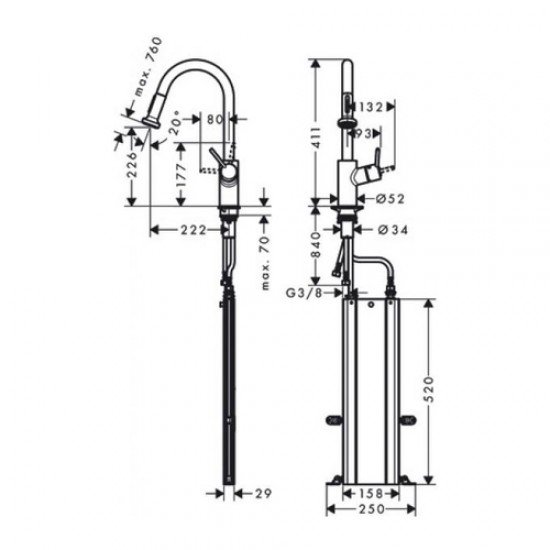Кухонный смеситель однорычажный, 200, Eco, с вытяжным душем, 2jet, sBox Hansgrohe 73879000