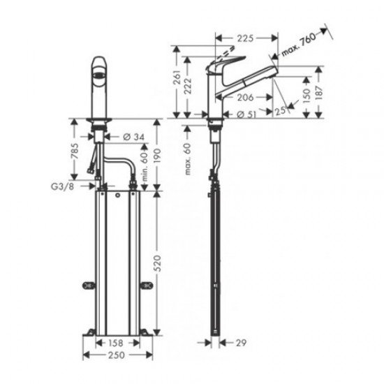 Кухонный смеситель Hansgrohe Focus M42 однорычажный, 150, с вытяжным изливом, 1jet, sBox 71829800
