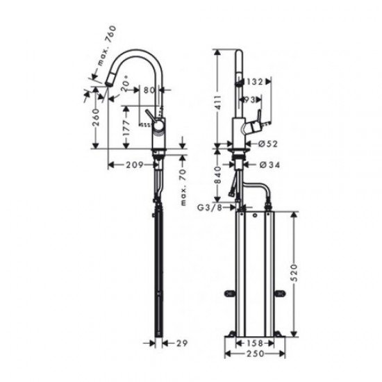 Кухонный смеситель однорычажный, 260, с вытяжным изливом, 1jet, sBox Hansgrohe 73864000