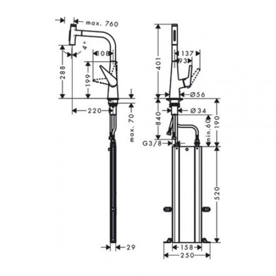 Кухонный смеситель однорычажный, 300, с вытяжным душем, 2jet, sBox Hansgrohe 73867800