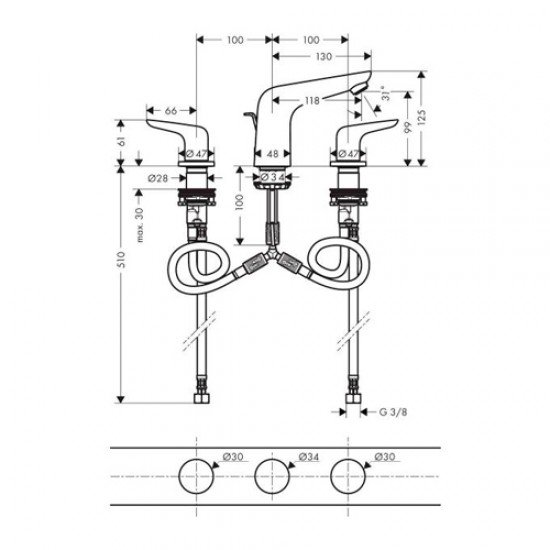 Смеситель hansgrohe Novus для раковины на 3 отверстия, со сливным гарнитуром 71140000, хром