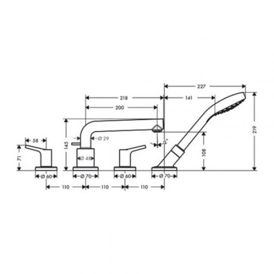Смеситель на край ванны, на 4 отверстия Hansgrohe 72418000, хром Смеситель на край ванны, на 4 отверстия Hansgrohe 72418000, хром
