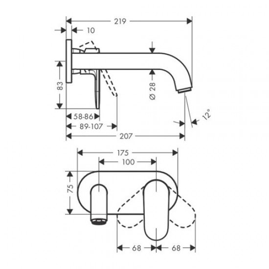 Смеситель для раковины настенный, излив 20,4 Hansgrohe Vernis Shape 71578670, матовый черный