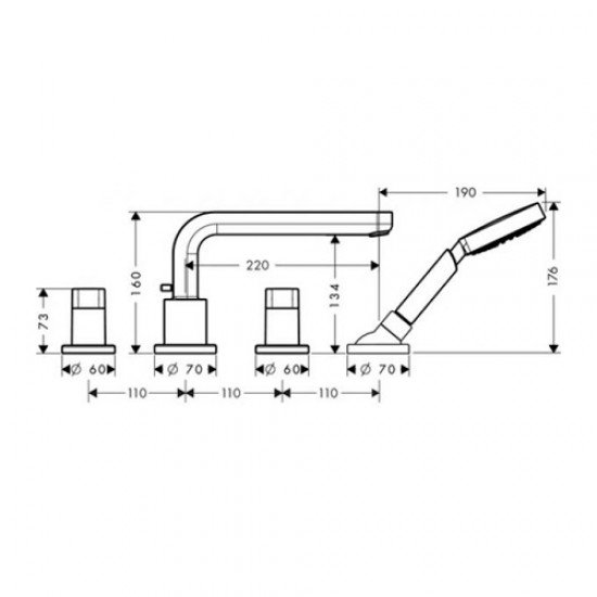 Смеситель на край ванны Hansgrohe Metris S, на 4 отверстия, излив 22 см. 31447000, хром