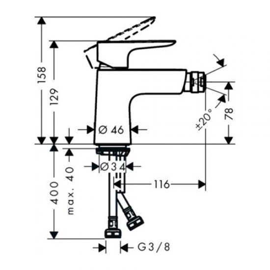 Смеситель для биде Hansgrohe Talis E однорычажный, со сливным клапаном push-open 71721000, хром