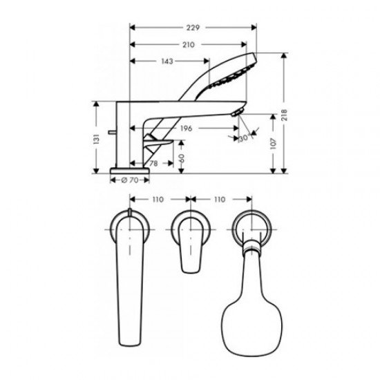 Смеситель на край ванны Hansgrohe Talis E, на 3 отверстия 71730000, хром