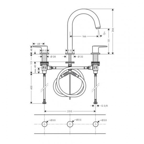 Смеситель для раковины на 3 отверстия, со сливным гарнитуром Hansgrohe Vernis Blend 71553670, матовый черный Смеситель для раковины на 3 отверстия, со сливным гарнитуром Hansgrohe Vernis Blend 71553670, матовый черный